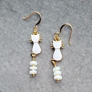 Hand Crafted Gold and White EnamelCat Earrings With Moonstone